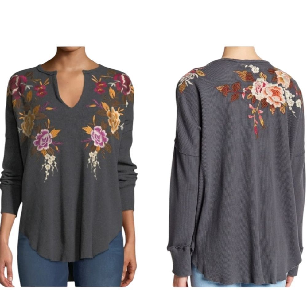 Johnny Was Zosia Floral Embroidered Thermal Top Dark Grey Long Sleeve Size M